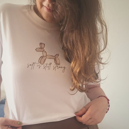 Unisex SOFT Organic T-shirt in white with brown print, minimalist sustainable design by Miss Piggy.
