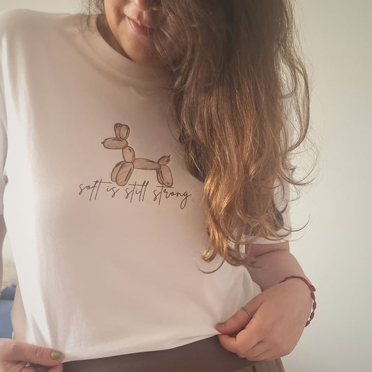 Unisex SOFT Organic T-shirt in white with brown print, minimalist sustainable design by Miss Piggy.