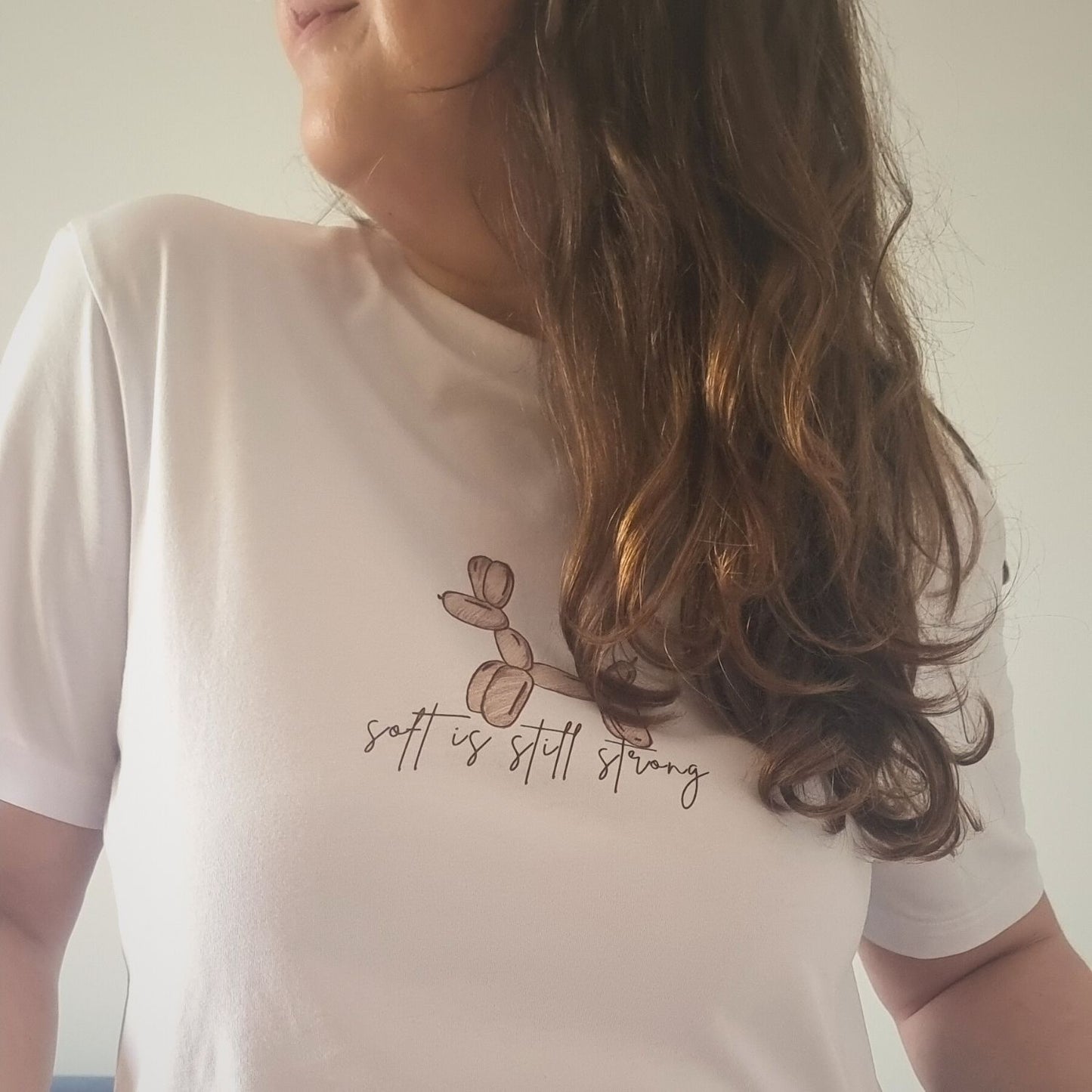Unisex SOFT Organic T-shirt in white with brown print, minimalist sustainable design by Miss Piggy.