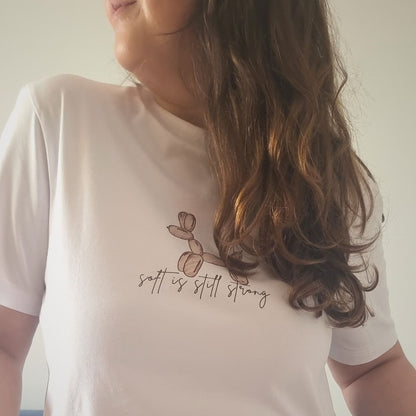 Unisex SOFT Organic T-shirt in white with brown print, minimalist sustainable design by Miss Piggy.