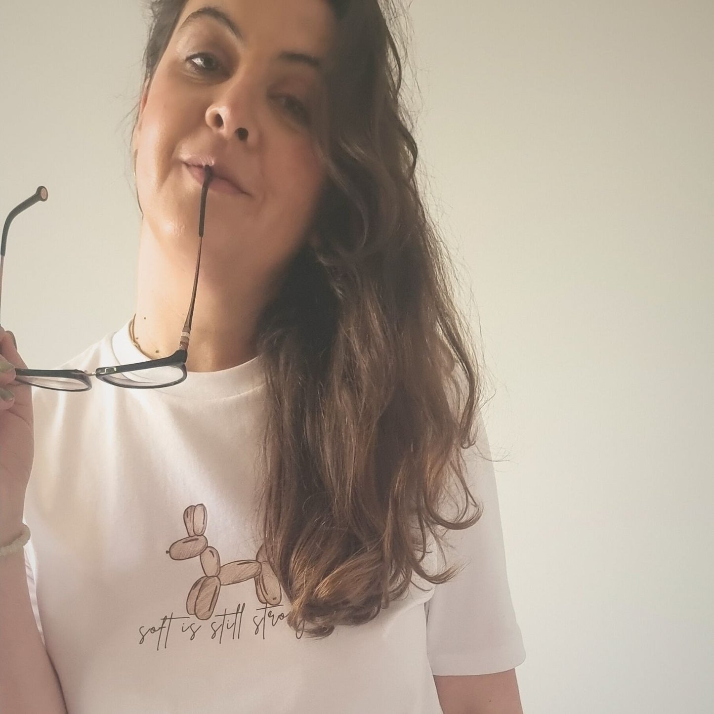 Unisex SOFT Organic T-shirt in white with brown print, minimalist sustainable design by Miss Piggy.