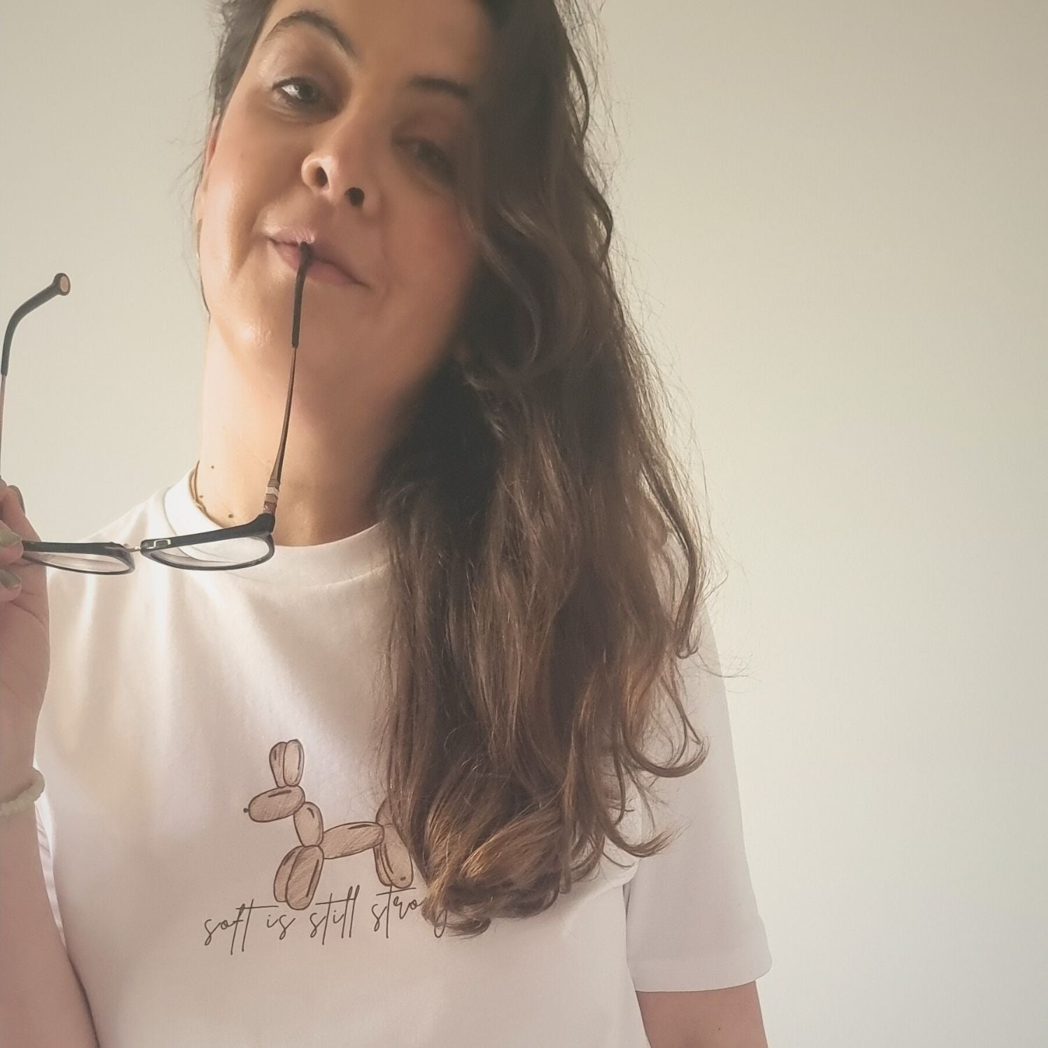 Unisex SOFT Organic T-shirt in white with brown print, minimalist sustainable design by Miss Piggy.