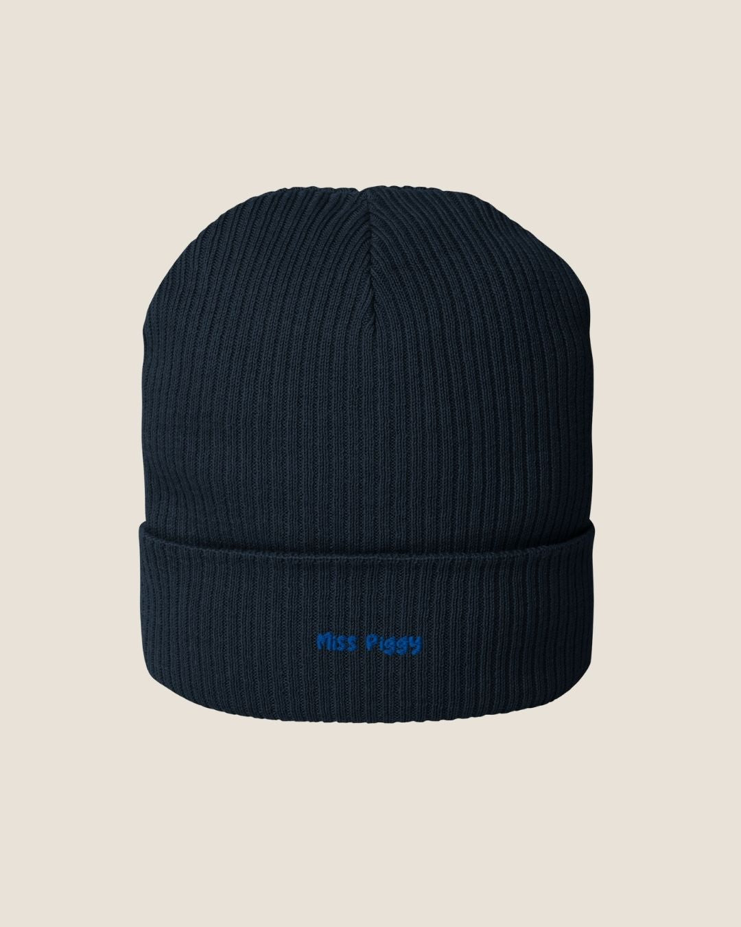 ABYSS organic cotton beanie in navy embroidered in blue thread by Miss Piggy – Soulwear.