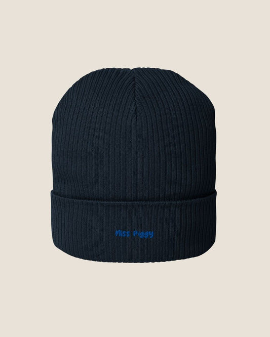 ABYSS organic cotton beanie in navy embroidered in blue thread by Miss Piggy – Soulwear.