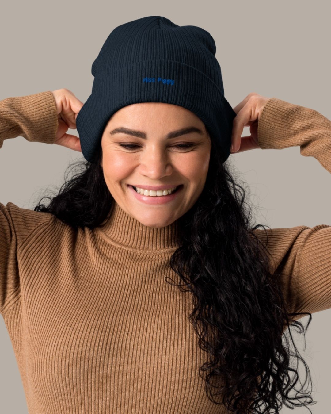 ABYSS organic cotton beanie in navy embroidered in blue thread by Miss Piggy – Soulwear.