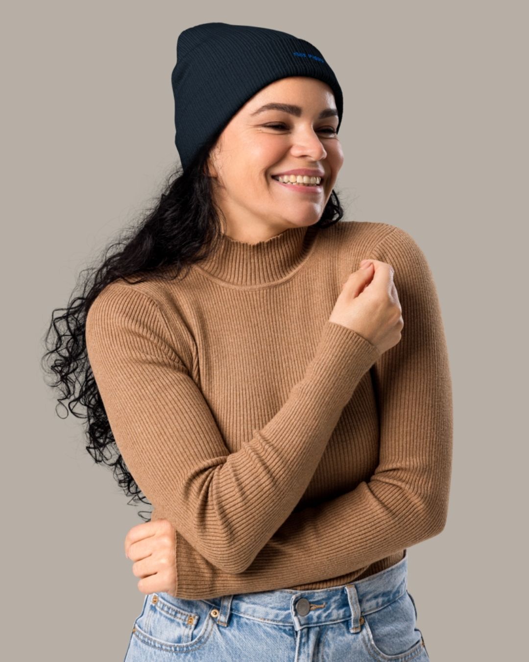 ABYSS organic cotton beanie in navy embroidered in blue thread by Miss Piggy – Soulwear.