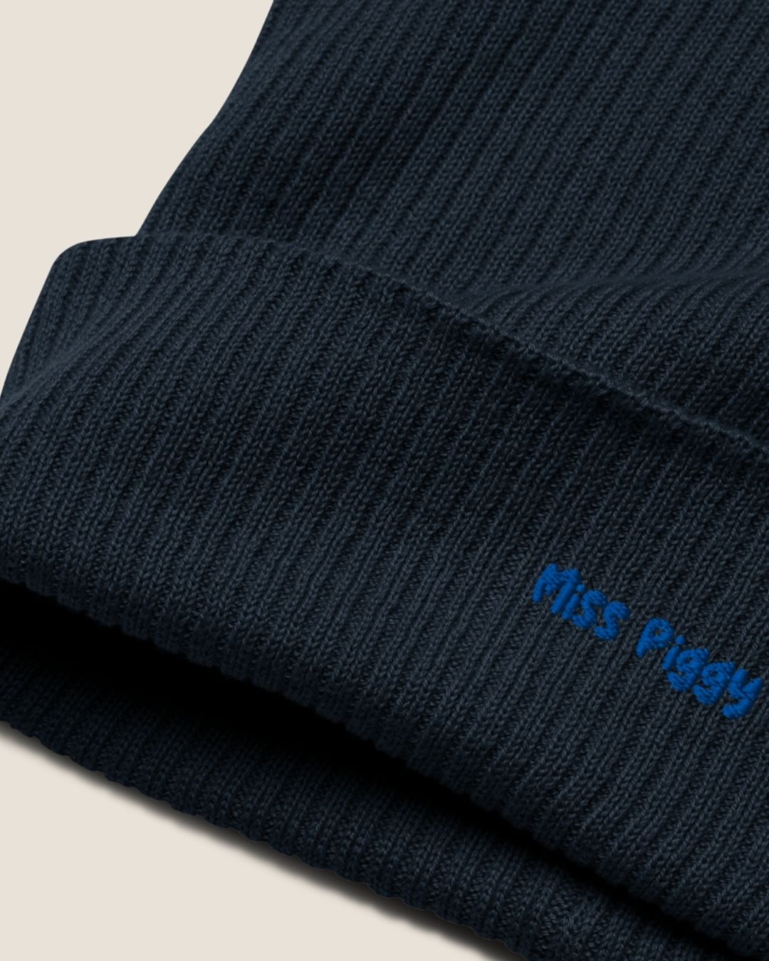 ABYSS organic cotton beanie in navy embroidered in blue thread by Miss Piggy – Soulwear.
