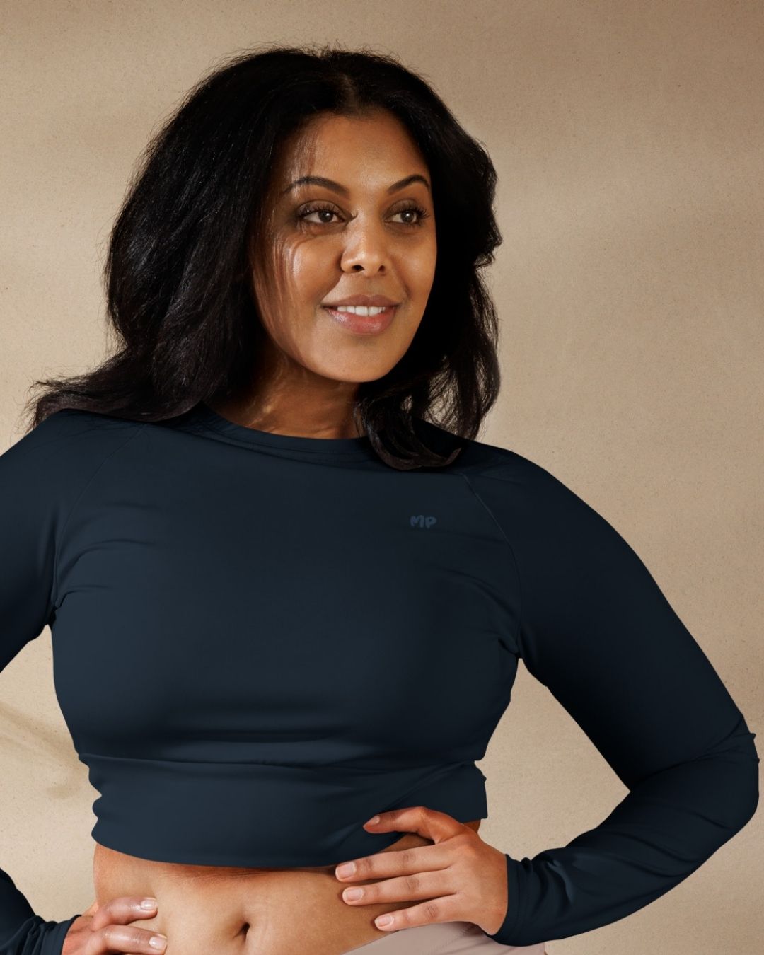 Long sleeve ABYSS MOVE Layer in navy with blue print, sustainable activewear by Miss Piggy.