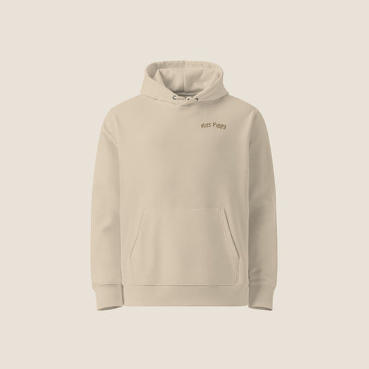 CALM Organic Hoodie in desert beige with camel print, sustainable comfort made from organic cotton.