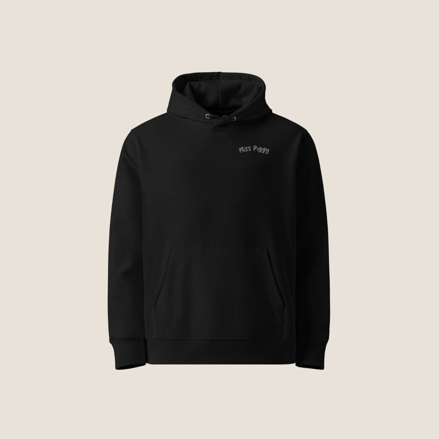 CALM Organic Hoodie in black with charcoal print, minimal sustainable fashion by Miss Piggy.