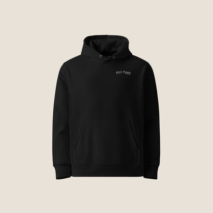 CALM Organic Hoodie in black with charcoal print, minimal sustainable fashion by Miss Piggy.