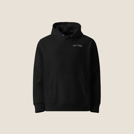 CALM Organic Hoodie in black with charcoal print, minimal sustainable fashion by Miss Piggy.