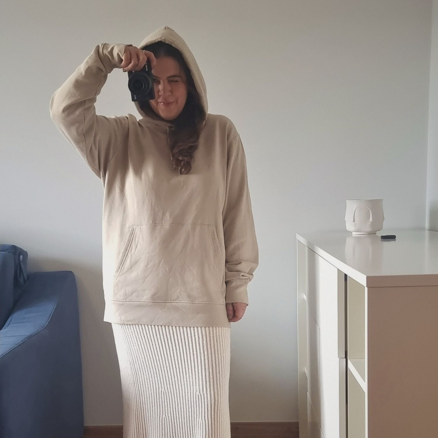 CALM Organic Hoodie in desert beige with camel print, sustainable comfort made from organic cotton.