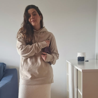 CALM Organic Hoodie in desert beige with camel print, sustainable comfort made from organic cotton.