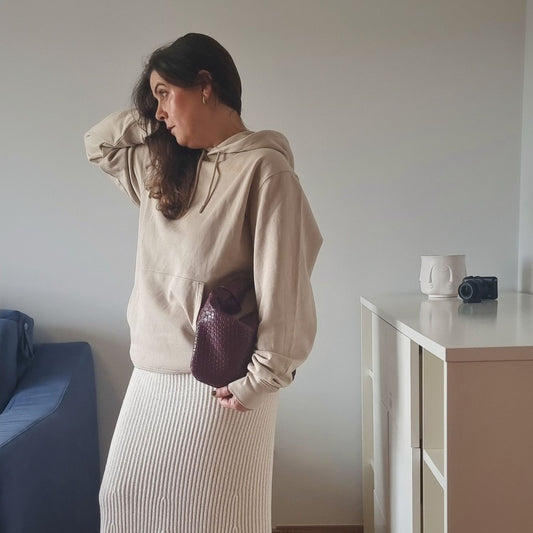 CALM Organic Hoodie in desert beige with camel print, sustainable comfort made from organic cotton.