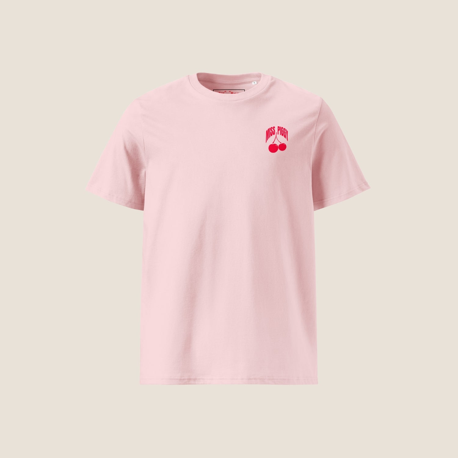 Cherry Organic Tee in pink with cherry red chest print, unisex fit, 100% organic cotton.