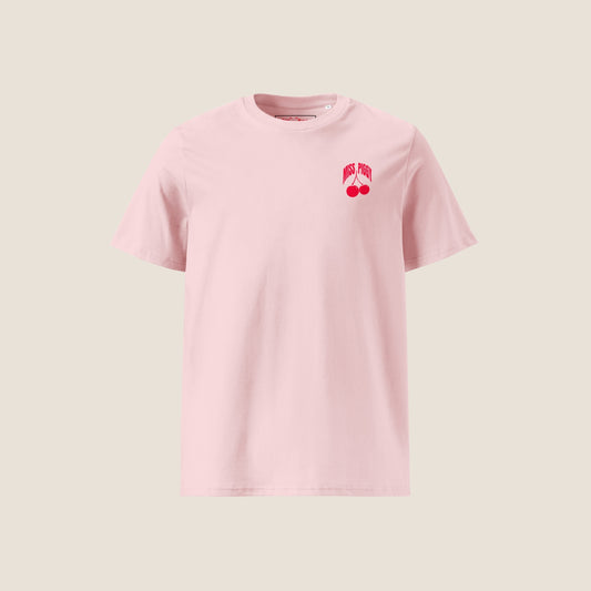 Cherry Organic Tee in pink with cherry red chest print, unisex fit, 100% organic cotton.