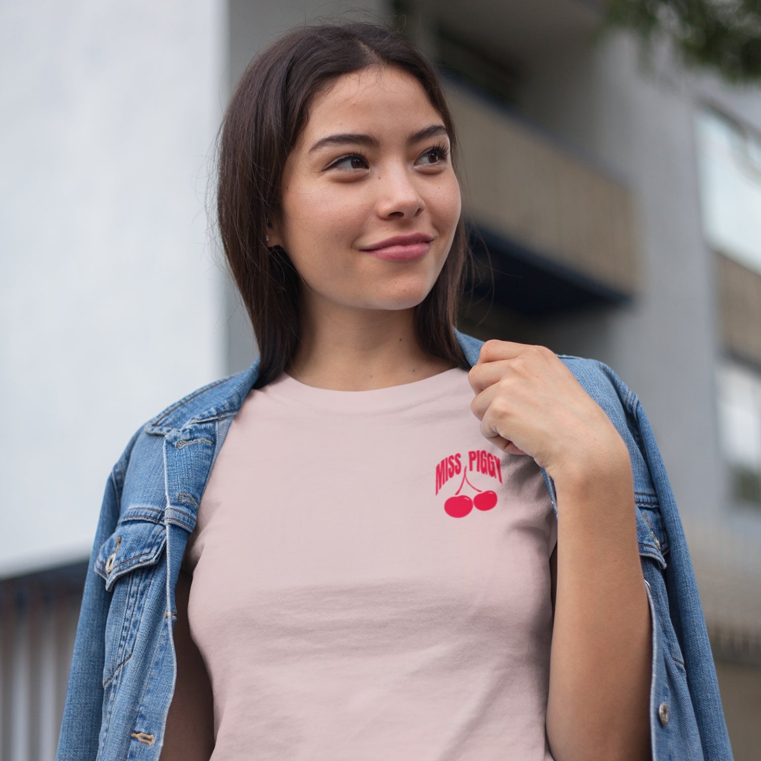 Cherry Organic Tee in pink with cherry red chest print, unisex fit, 100% organic cotton.