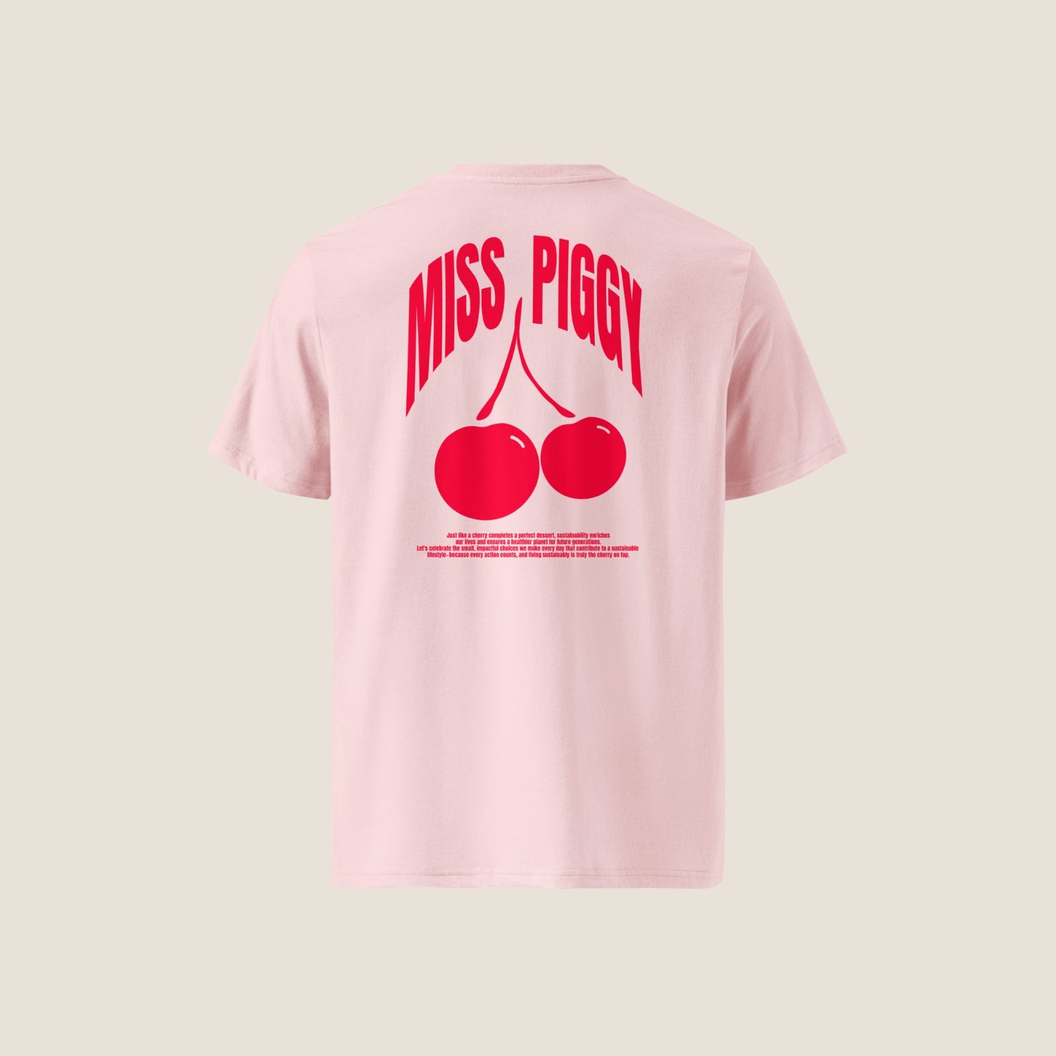 Cherry Organic Tee in pink with cherry red chest print, unisex fit, 100% organic cotton.