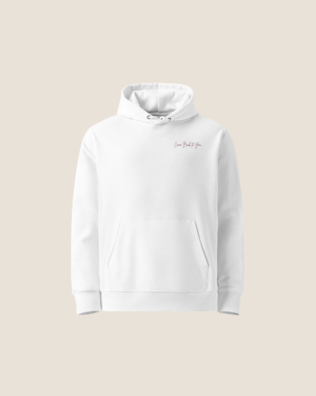 COME BACK Organic Hoodie in white with burgundy print, sustainable comfort made from organic cotton.