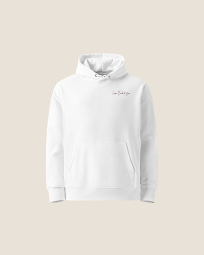 COME BACK Organic Hoodie in white with burgundy print, sustainable comfort made from organic cotton.