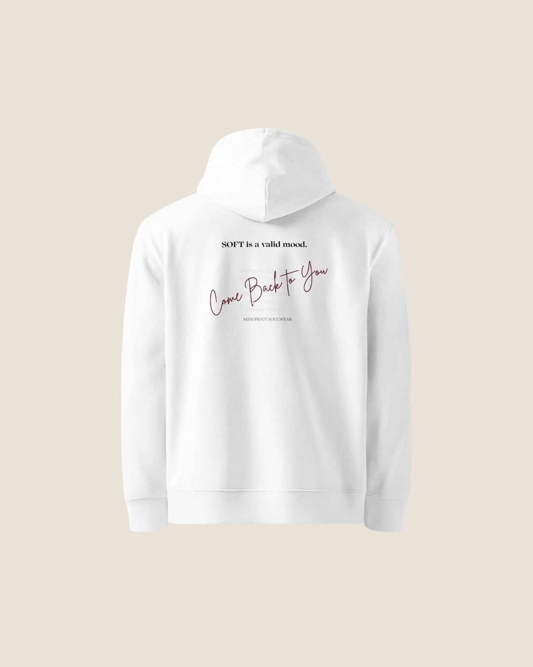 COME BACK Organic Hoodie in white with burgundy print, sustainable comfort made from organic cotton.