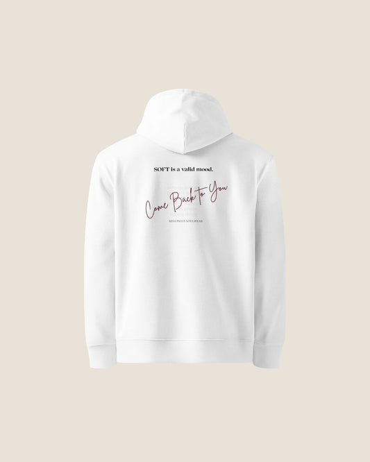 COME BACK Organic Hoodie in white with burgundy print, sustainable comfort made from organic cotton.