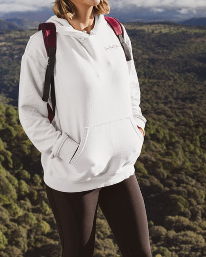 COME BACK Organic Hoodie in white with burgundy print, sustainable comfort made from organic cotton.