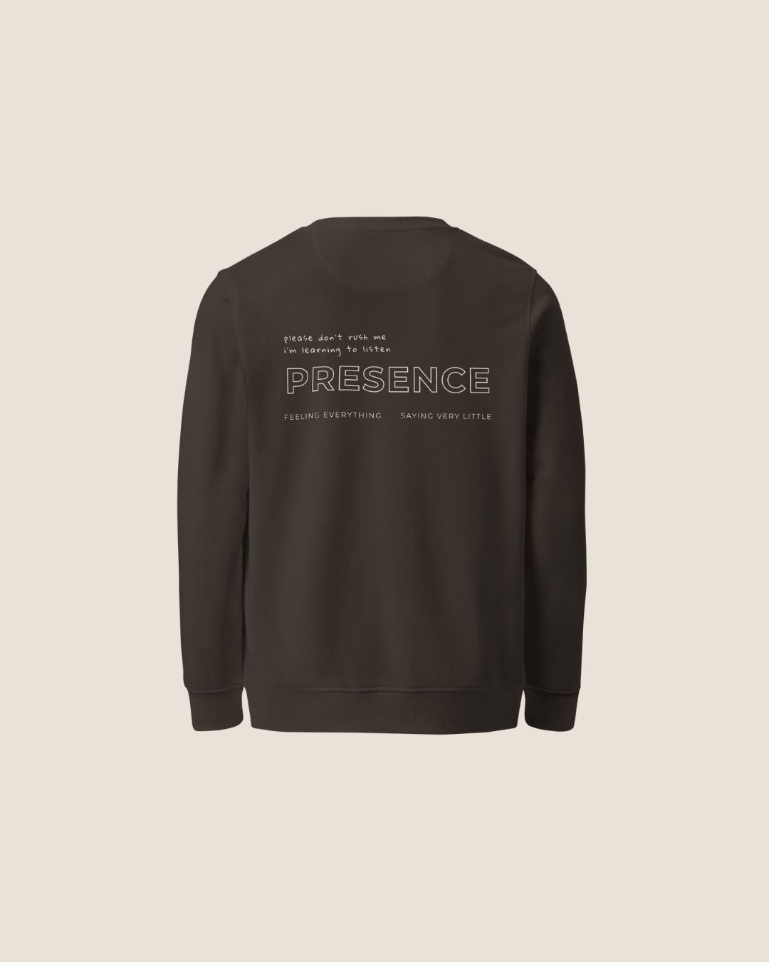 Unisex COME BACK TO YOU Blend Sweater in charcoal with off-white print, minimalist sustainable design by Miss Piggy.