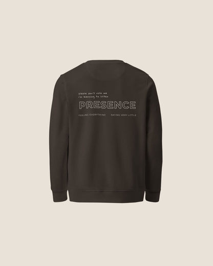 Unisex COME BACK TO YOU Blend Sweater in charcoal with off-white print, minimalist sustainable design by Miss Piggy.