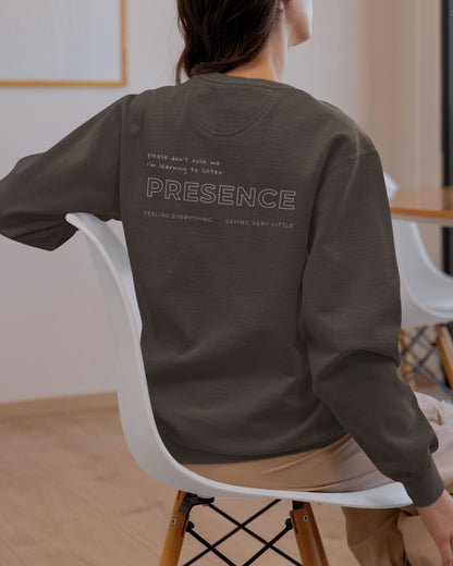 Unisex COME BACK TO YOU Blend Sweater in charcoal with off-white print, minimalist sustainable design by Miss Piggy.