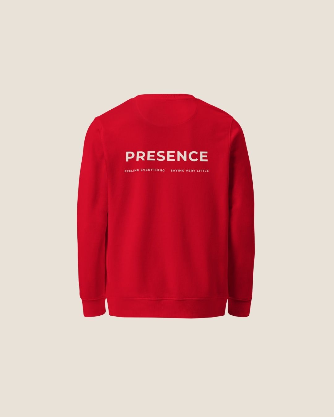 Unisex COME BACK TO YOU Blend Sweater in red with off-white print, minimalist sustainable design by Miss Piggy.