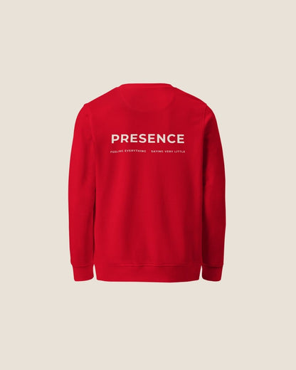 Unisex COME BACK TO YOU Blend Sweater in red with off-white print, minimalist sustainable design by Miss Piggy.