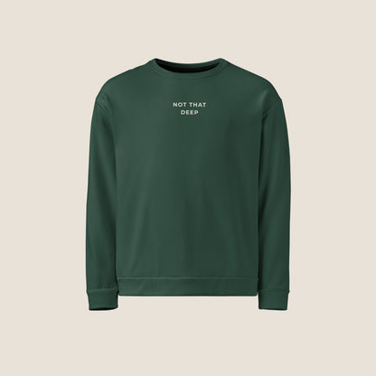 Unisex DEEP Recycled Sweater in forest green with off-white print, sustainable comfort by Miss Piggy – Soulwear.
