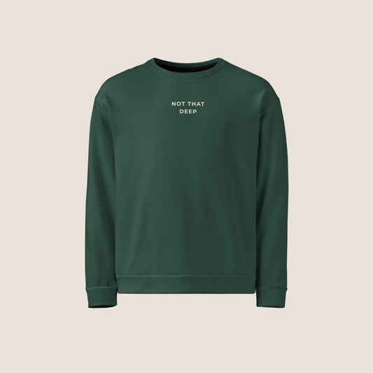 Unisex DEEP Recycled Sweater in forest green with off-white print, sustainable comfort by Miss Piggy – Soulwear.