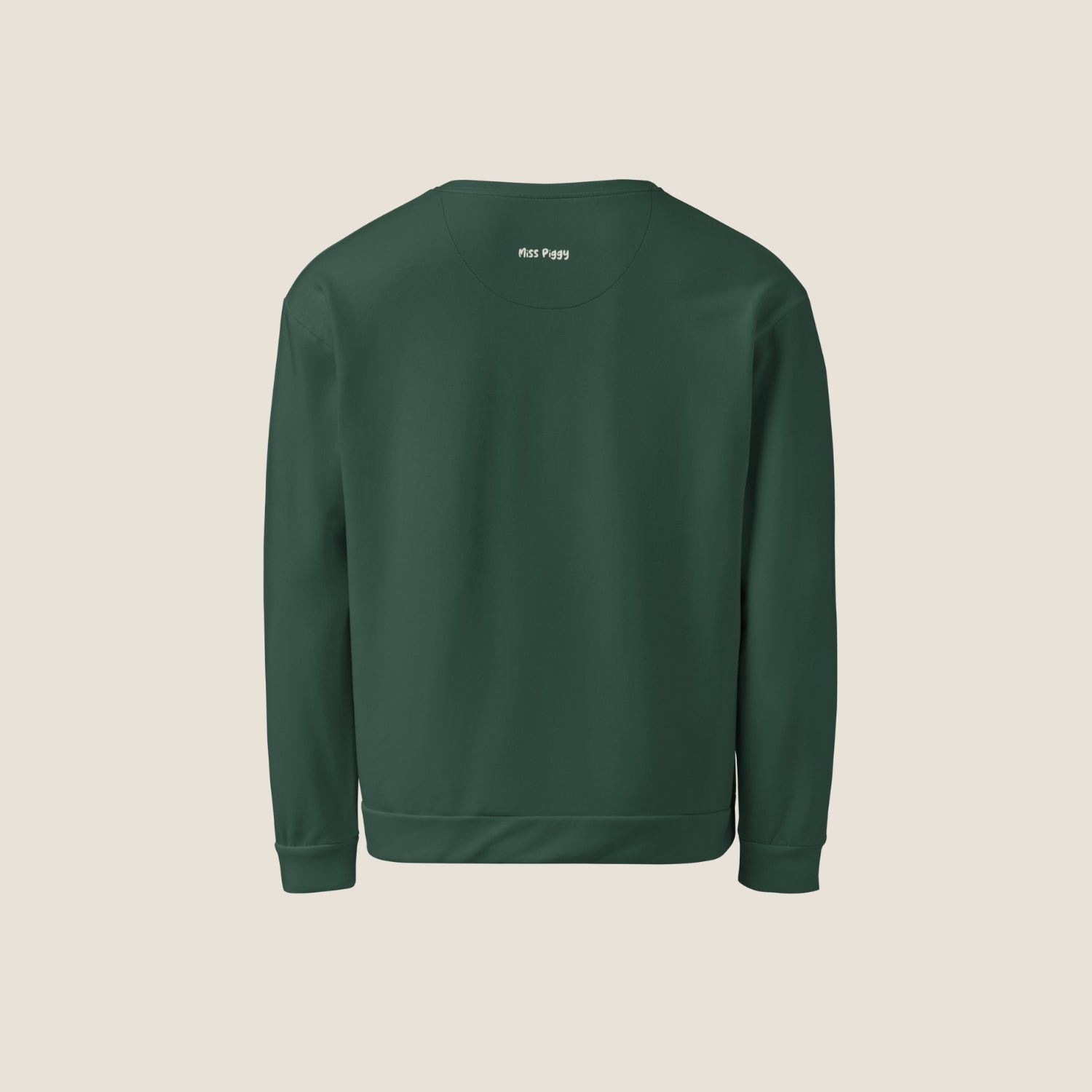 Unisex DEEP Recycled Sweater in forest green with off-white print, sustainable comfort by Miss Piggy – Soulwear.