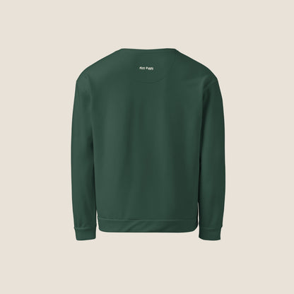 Unisex DEEP Recycled Sweater in forest green with off-white print, sustainable comfort by Miss Piggy – Soulwear.