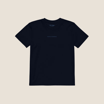 Organic kids t-shirt in navy with Gentle Endings front print and back featuring star illustration and Gentle Endings message.