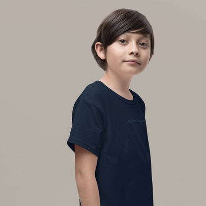 Organic kids t-shirt in navy with Gentle Endings front print and back featuring star illustration and Gentle Endings message.