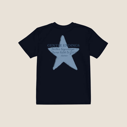 Organic kids t-shirt in navy with Gentle Endings front print and back featuring star illustration and Gentle Endings message.