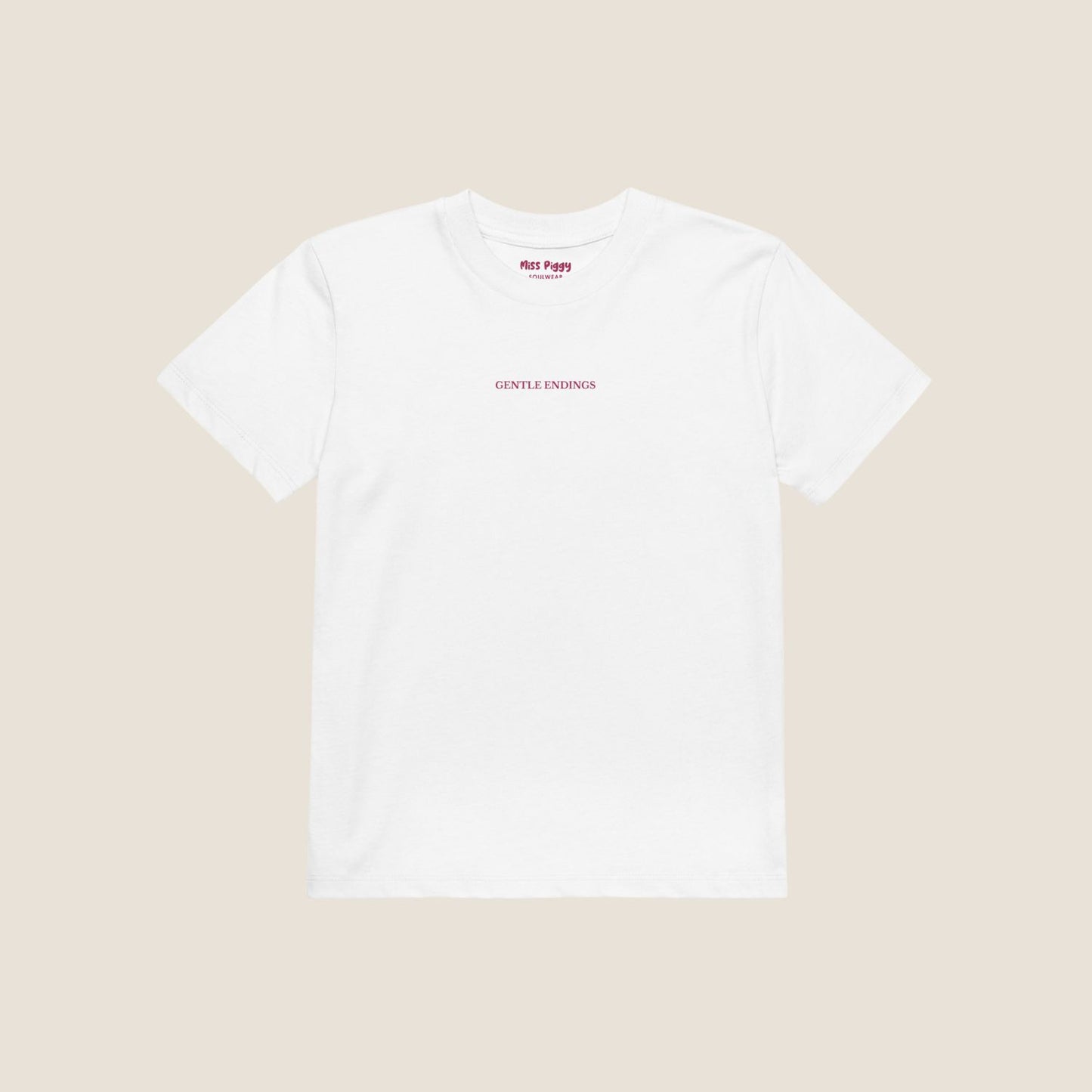 Organic kids t-shirt in white with Gentle Endings front print and back featuring star illustration and Gentle Endings message.