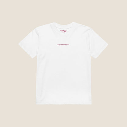 Organic kids t-shirt in white with Gentle Endings front print and back featuring star illustration and Gentle Endings message.