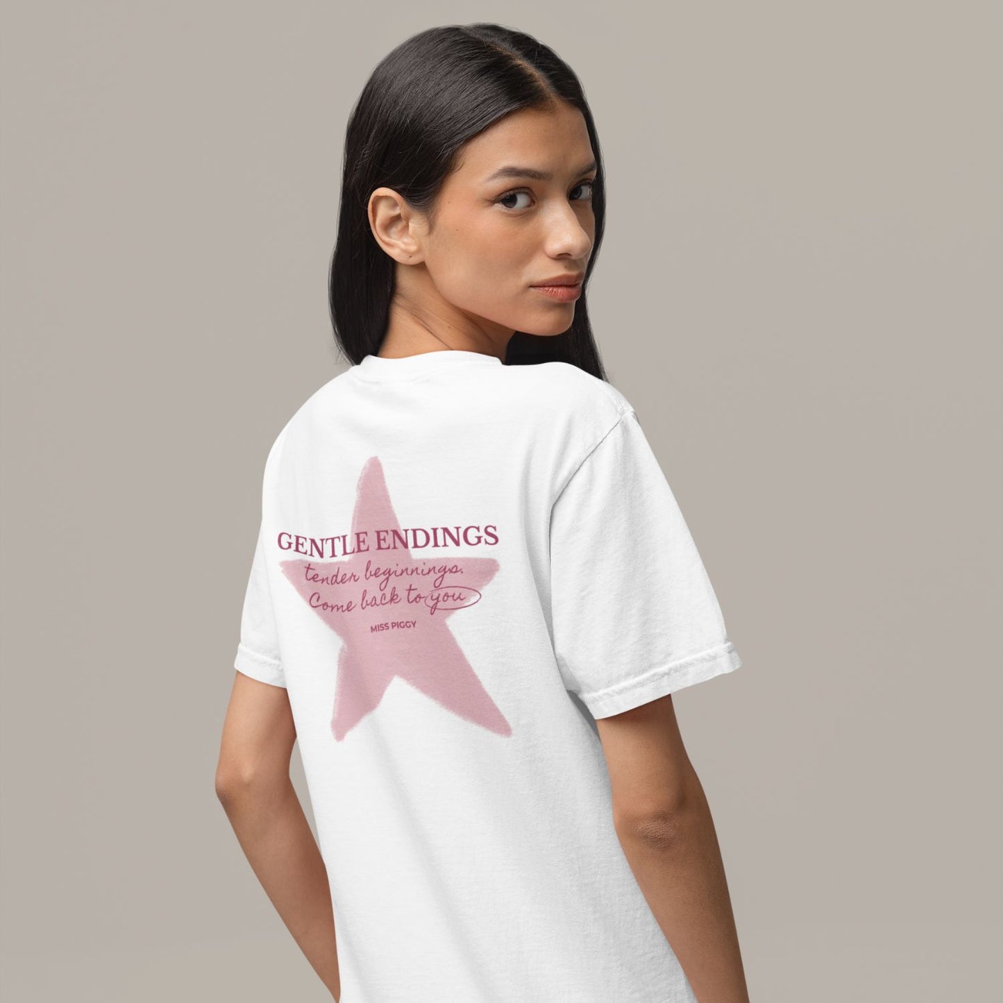 Organic kids t-shirt in white with Gentle Endings front print and back featuring star illustration and Gentle Endings message.