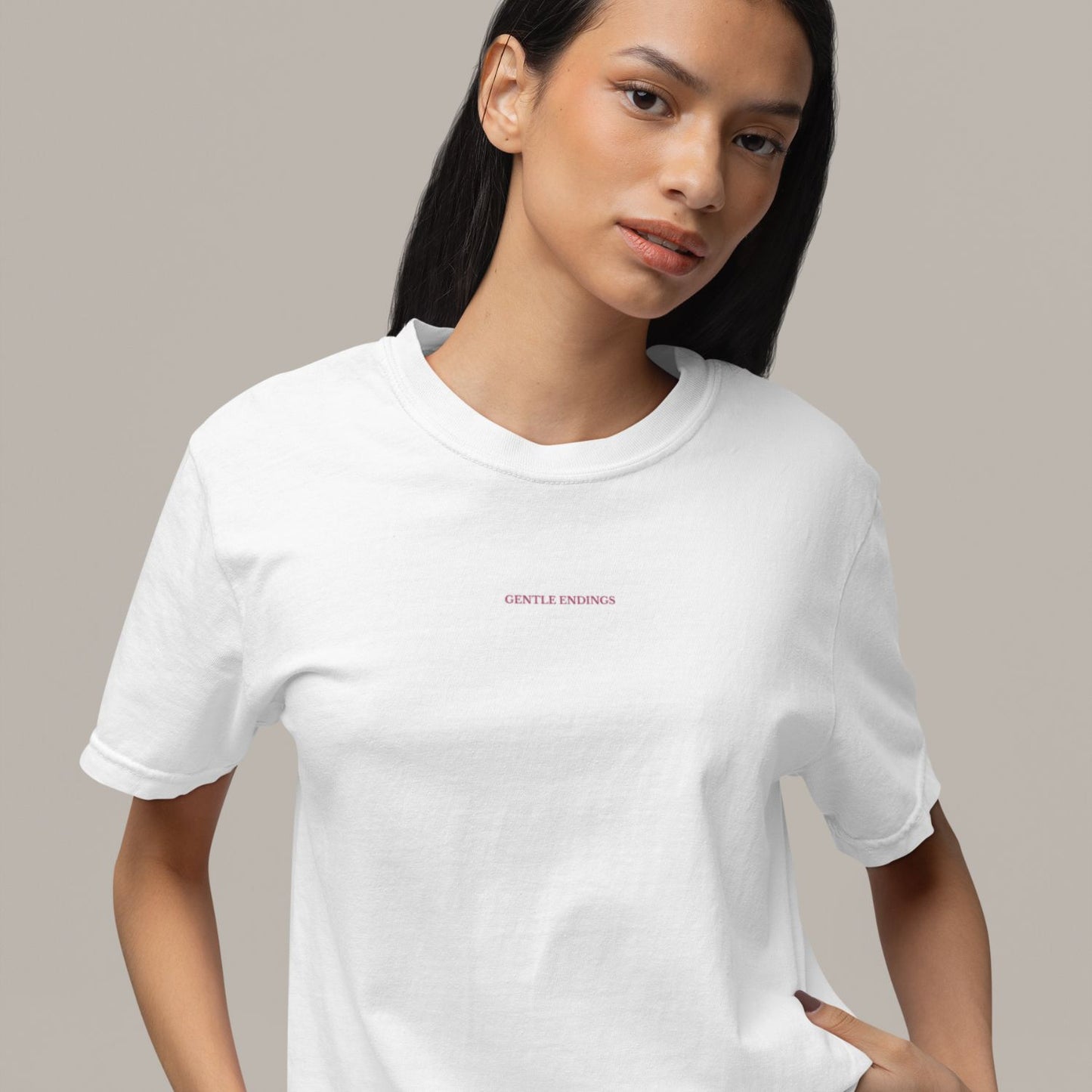 Organic kids t-shirt in white with Gentle Endings front print and back featuring star illustration and Gentle Endings message.