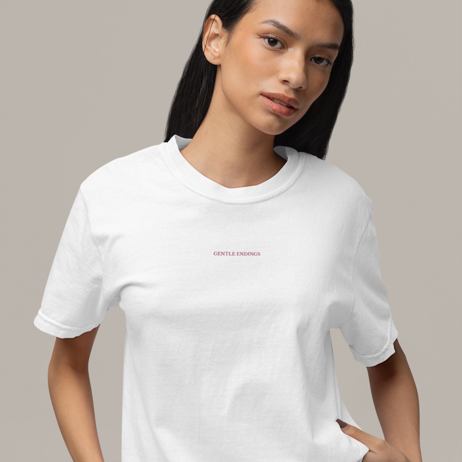 Organic kids t-shirt in white with Gentle Endings front print and back featuring star illustration and Gentle Endings message.