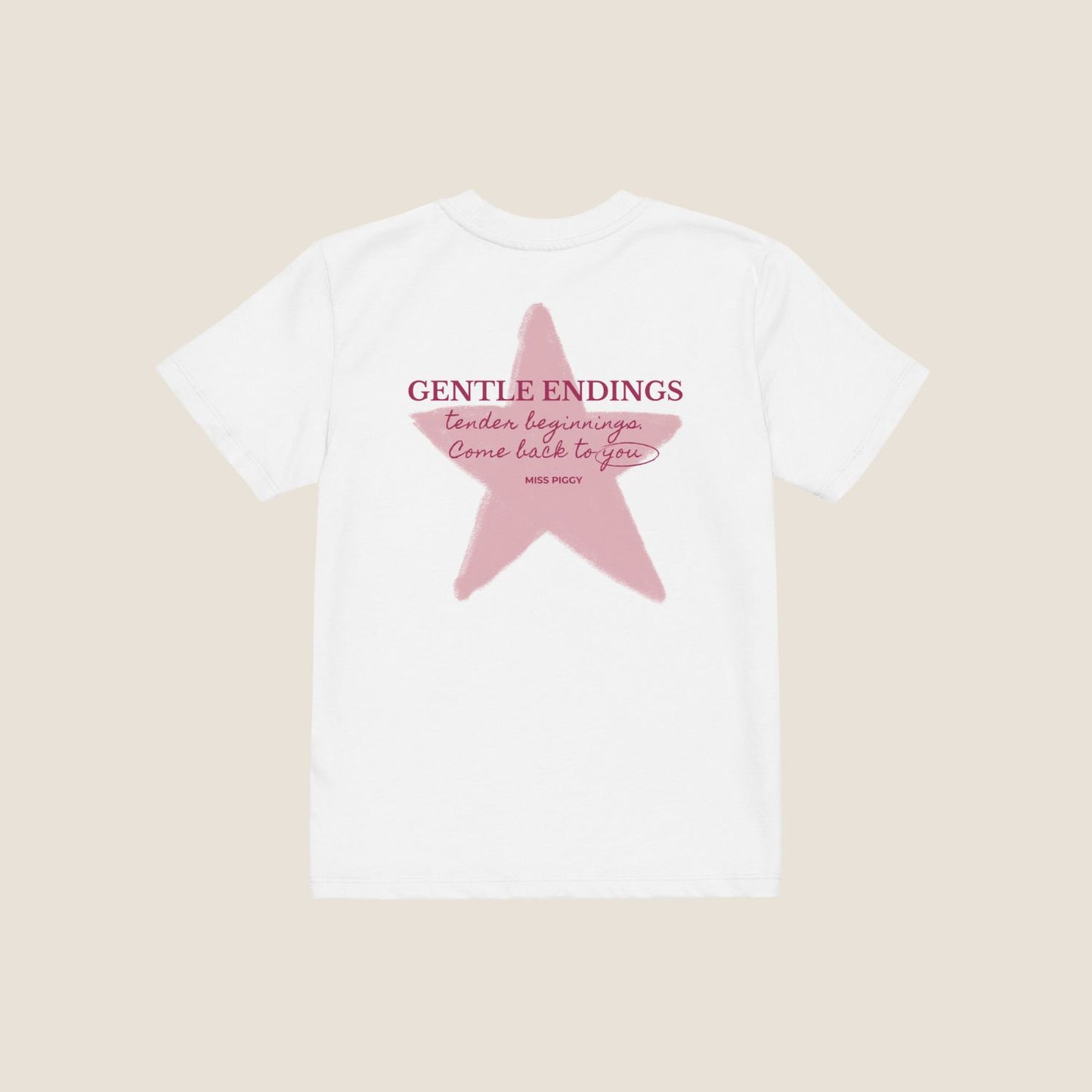 Organic kids t-shirt in white with Gentle Endings front print and back featuring star illustration and Gentle Endings message.