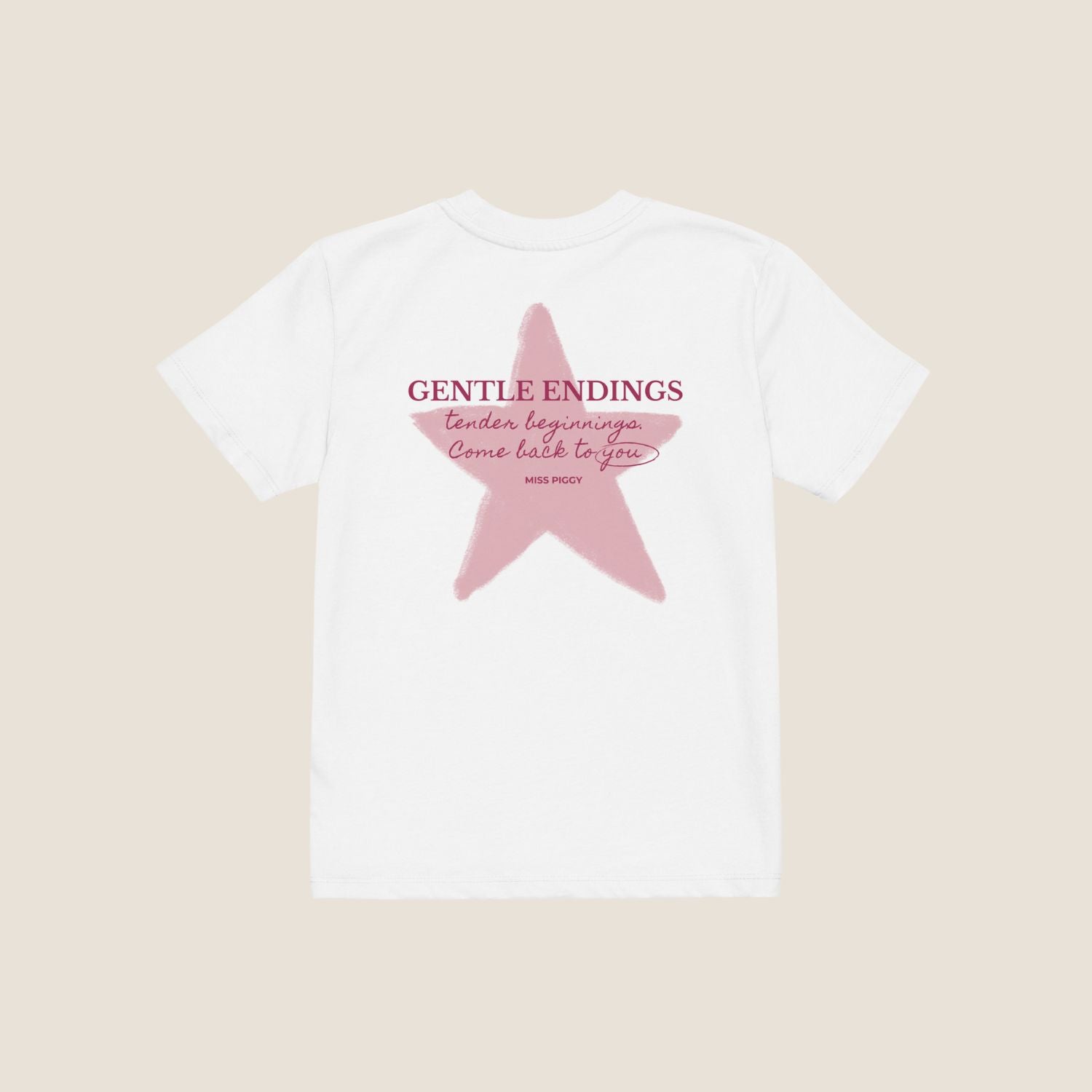 Organic kids t-shirt in white with Gentle Endings front print and back featuring star illustration and Gentle Endings message.