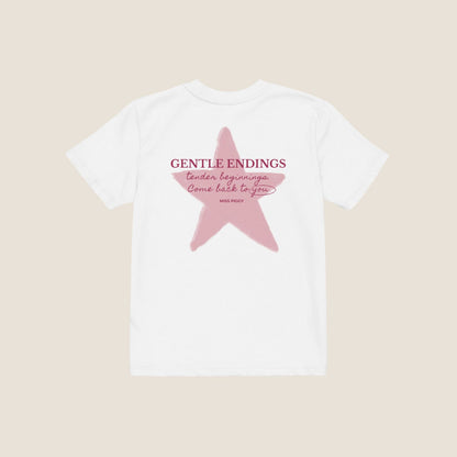 Organic kids t-shirt in white with Gentle Endings front print and back featuring star illustration and Gentle Endings message.