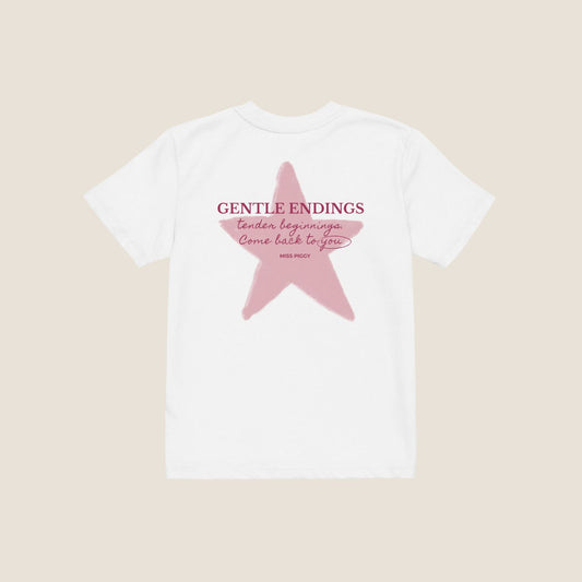 Organic kids t-shirt in white with Gentle Endings front print and back featuring star illustration and Gentle Endings message.