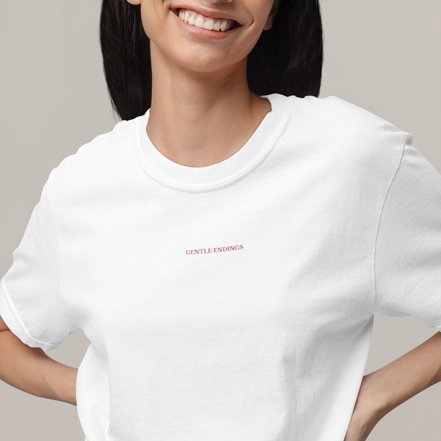 Organic kids t-shirt in white with Gentle Endings front print and back featuring star illustration and Gentle Endings message.